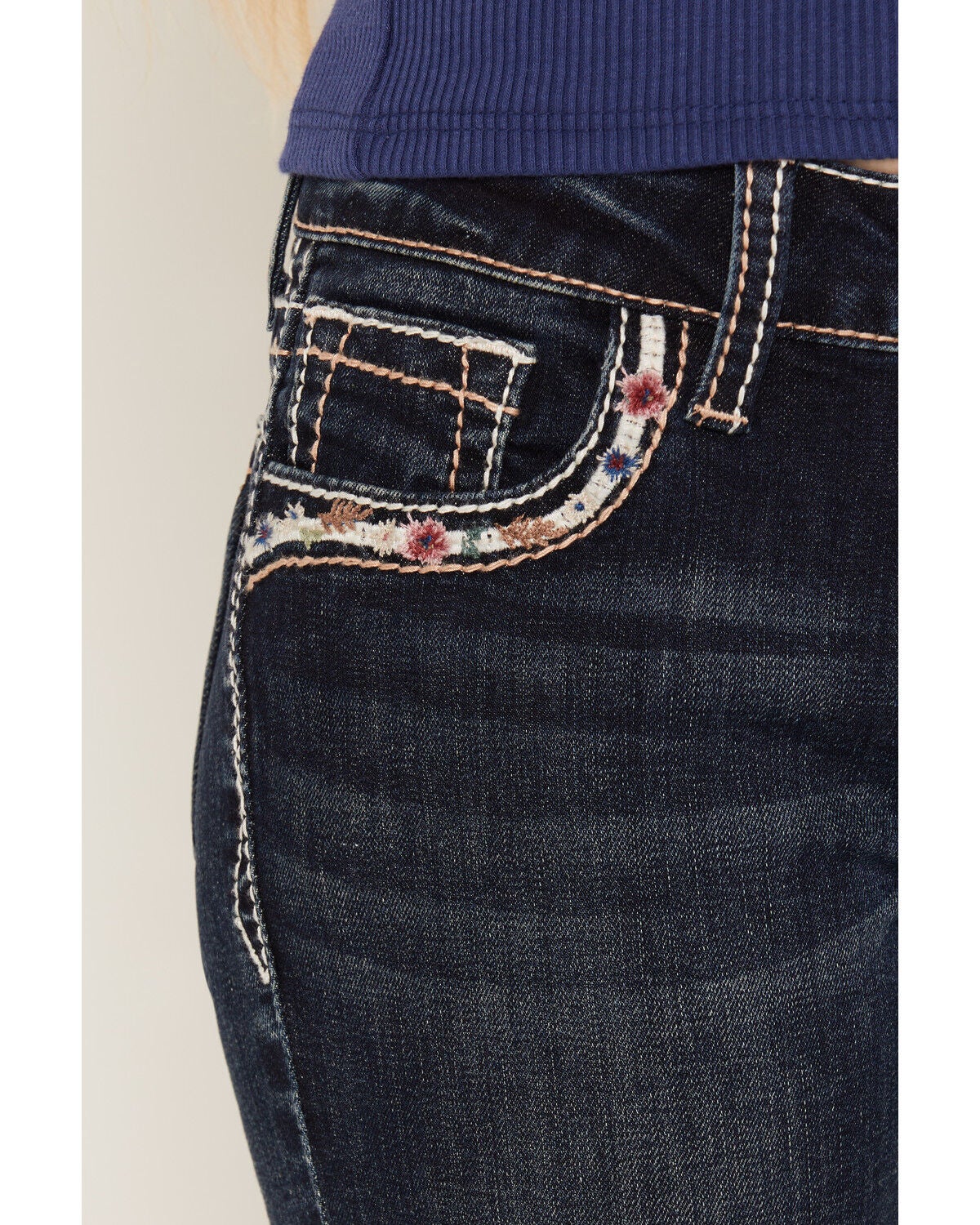 Image #2 - Grace in LA Girls' Dark Wash Steer Head Pocket Flare Stretch Denim Jeans, Dark Wash, hi-res