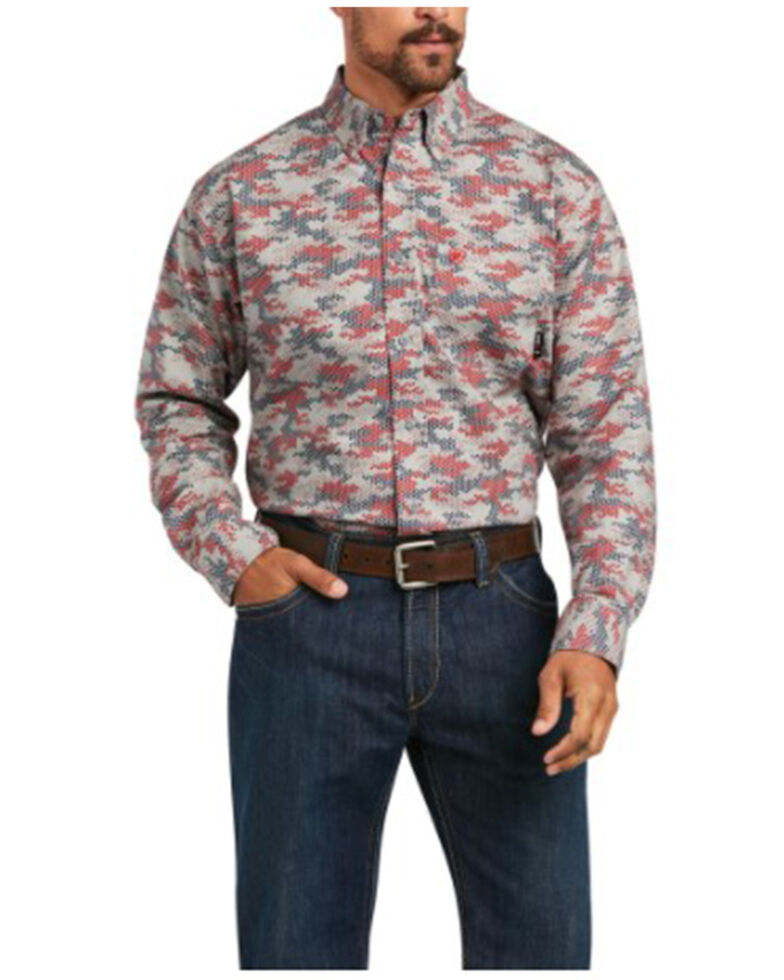 Ariat Men's FR Alloy Patriot Camo Print Durastretch Long Sleeve Button-Down Work Shirt , Camouflage, hi-res