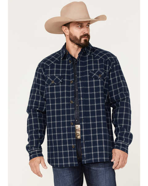 Cody James Men's Ghost Tree Plaid Button Down Sherpa Bonded Western Flannel Shirt Jacket, Navy, hi-res