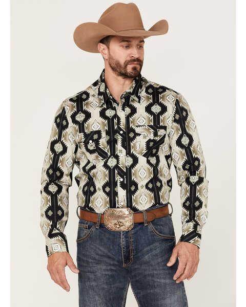 Rock & Roll Denim Men's Vertical Olive Southwestern Print Long Sleeve Snap Western Shirt , Olive, hi-res