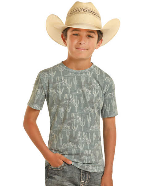 Rock & Roll Denim Boys' Allover Cactus Print Short Sleeve Shirt , Teal, hi-res