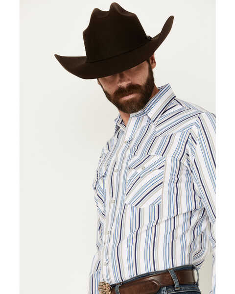 Image #2 - Ely Walker Men's Striped Print Long Sleeve Pearl Snap Western Shirt, White, hi-res
