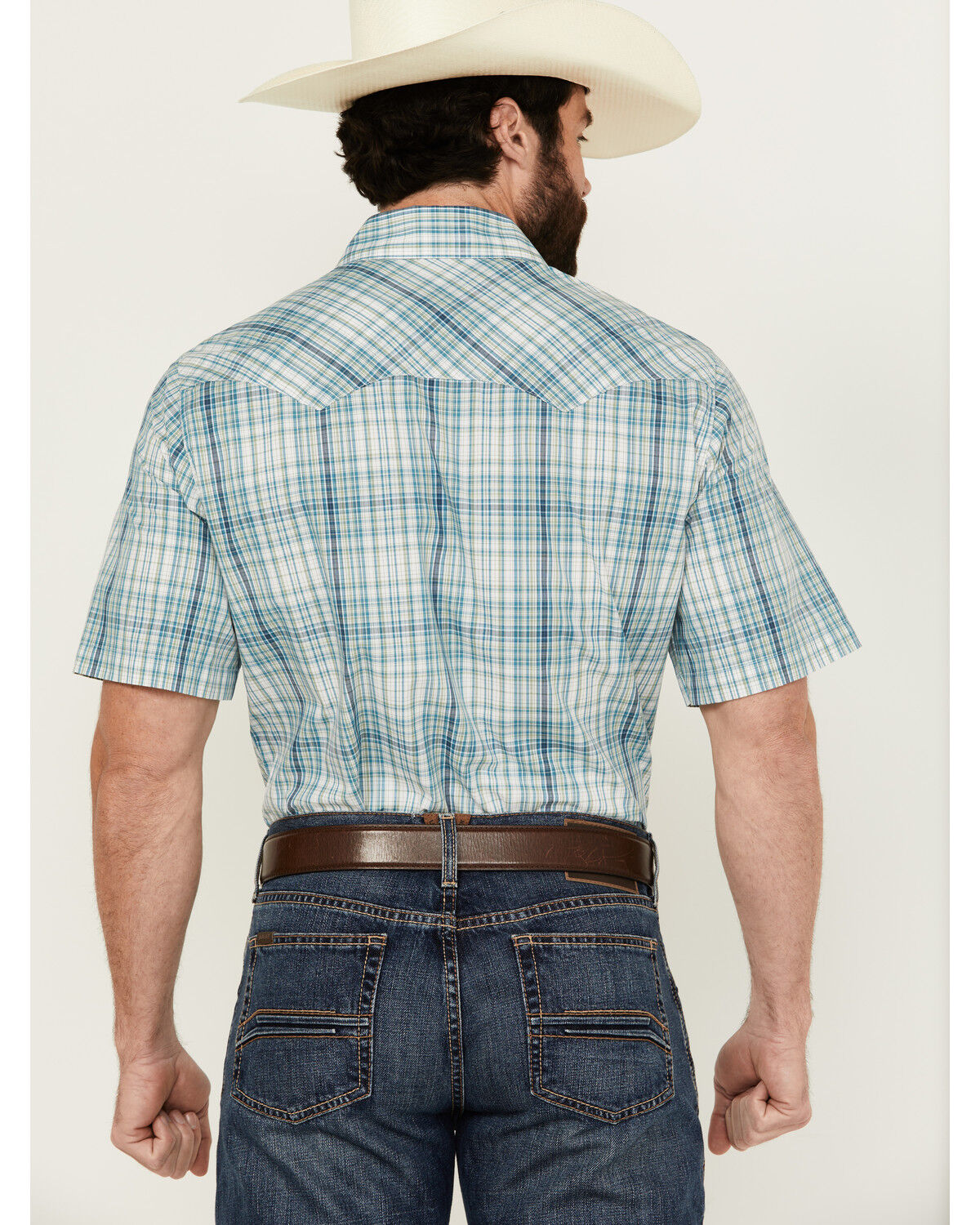 Image #4 - Wrangler Retro Men's Plaid Print Short Sleeve Pearl Snap Western Shirt, Teal, hi-res
