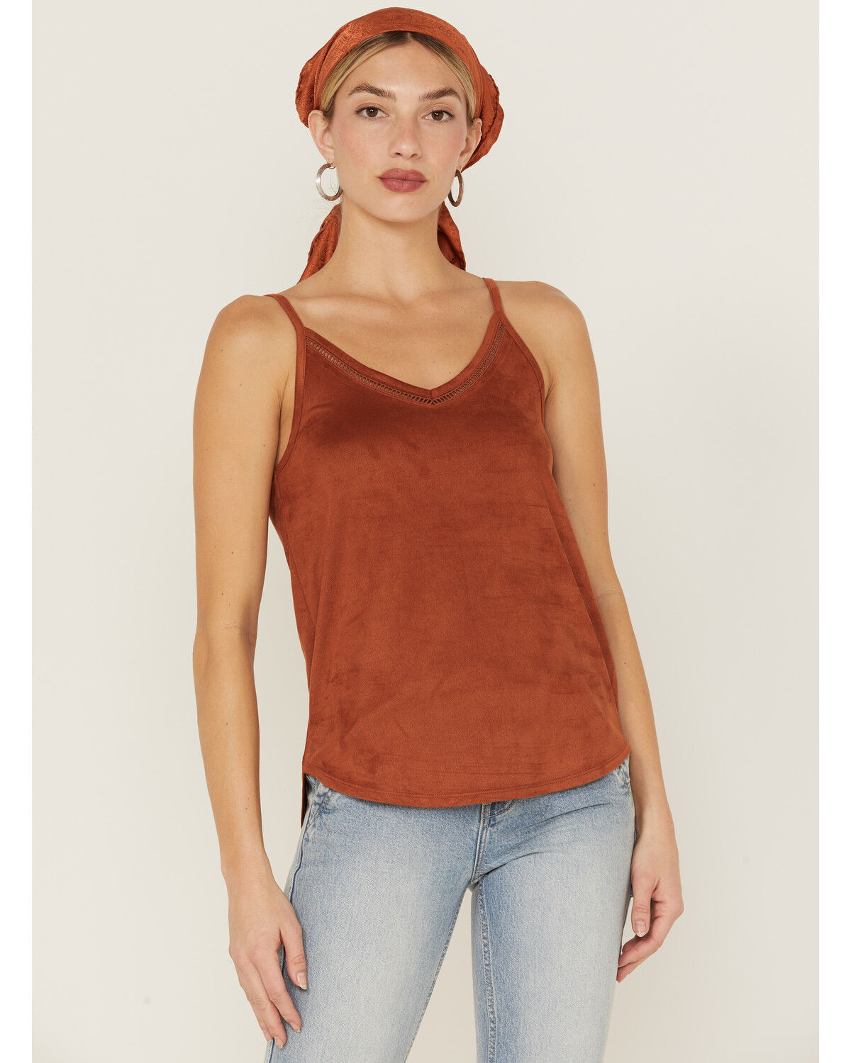 Image #1 - Shyanne Women's Faux Suede Solid Ladder Lace Trim Cami, Rust Copper, hi-res