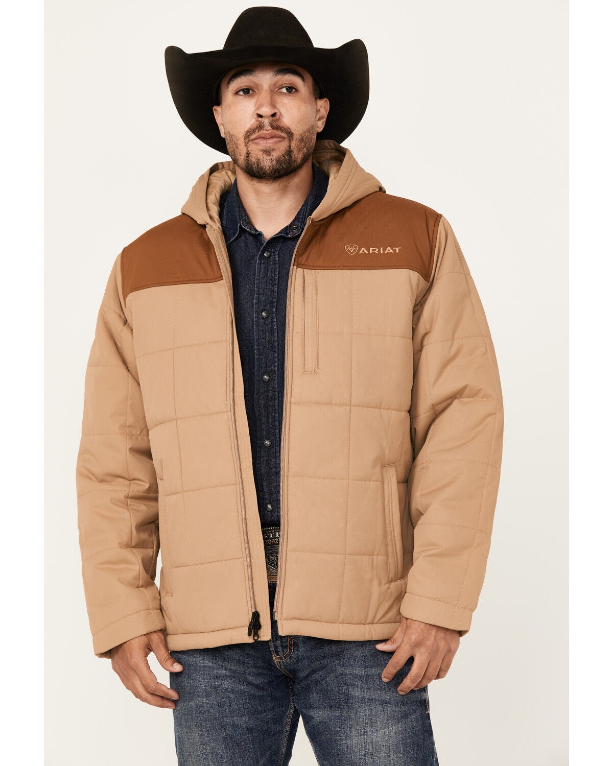 Ariat Men's Color Block Insulated Hooded Jacket, Tan, hi-res