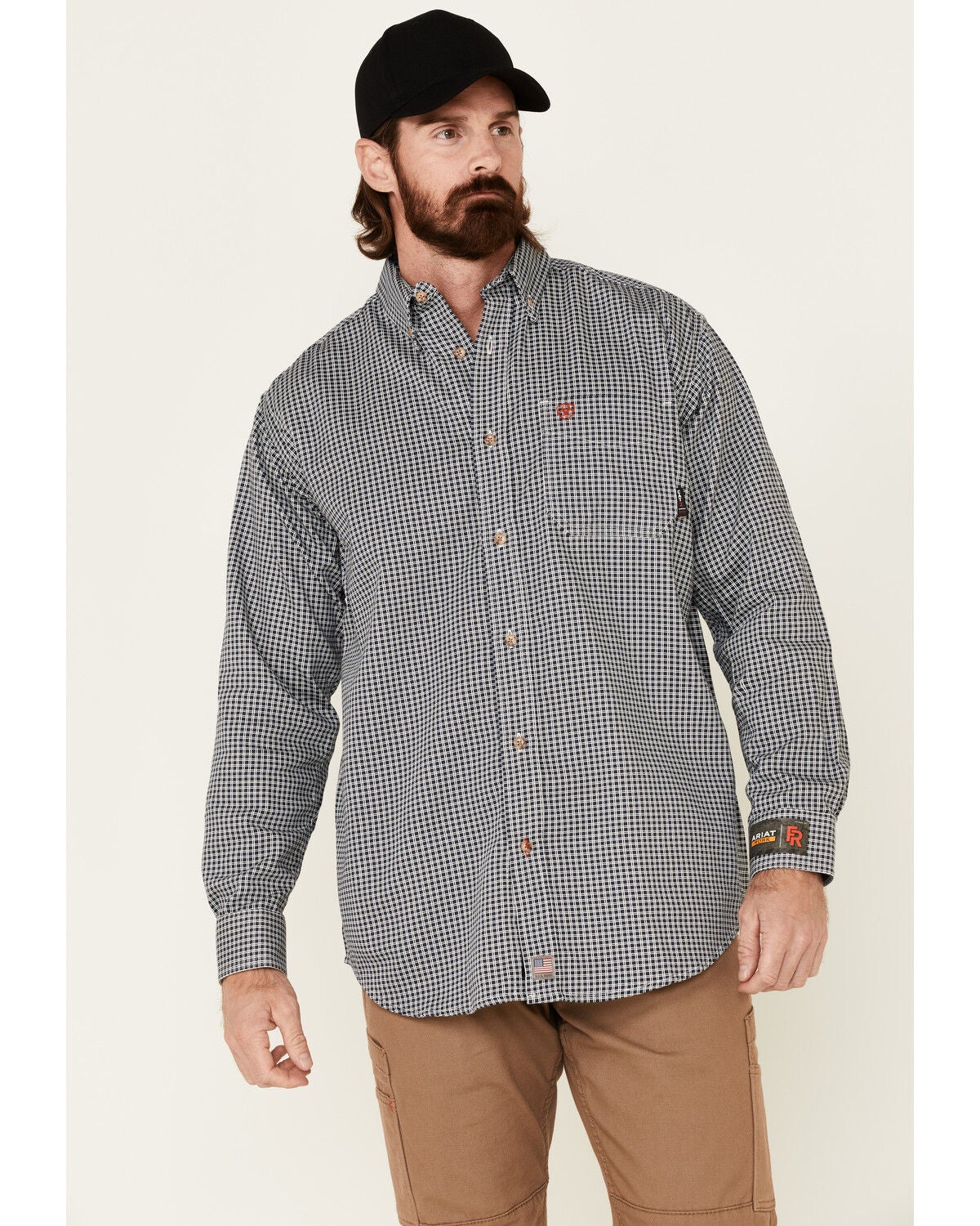 Ariat Men's FR Plaid Print Long Sleeves Button-Down Work Shirt - Tall, Navy, hi-res
