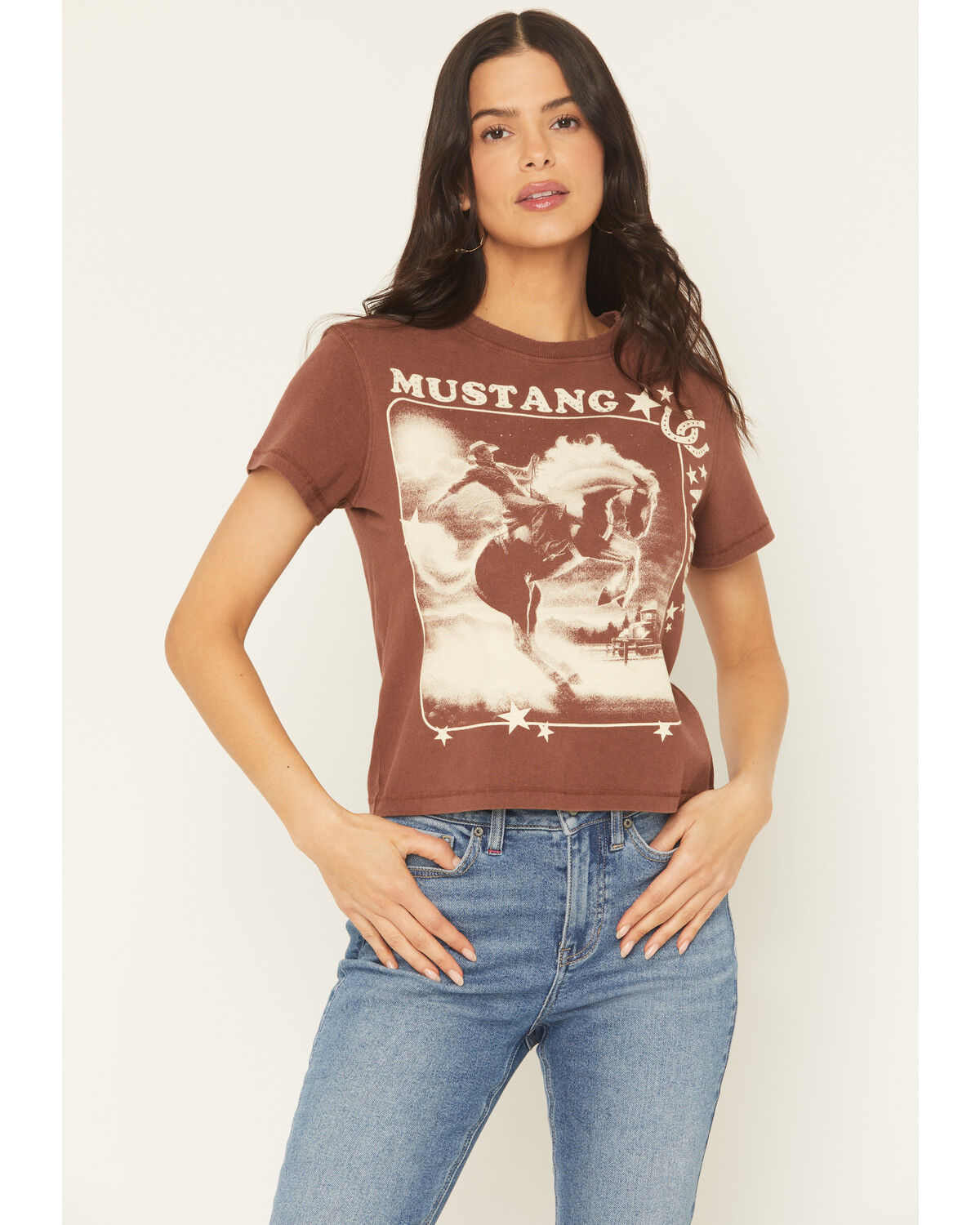Image #1 - Idyllwind Women's Mustang Wild Short Sleeve Graphic Tee, Chocolate, hi-res