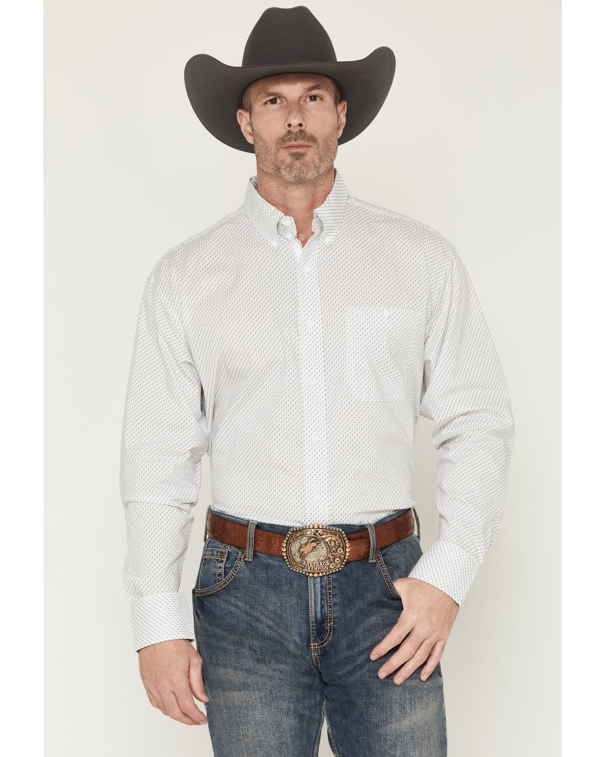 George Strait by Wrangler Men's Geo Print Long Sleeve Button-Down Stretch Western Shirt, White, hi-res