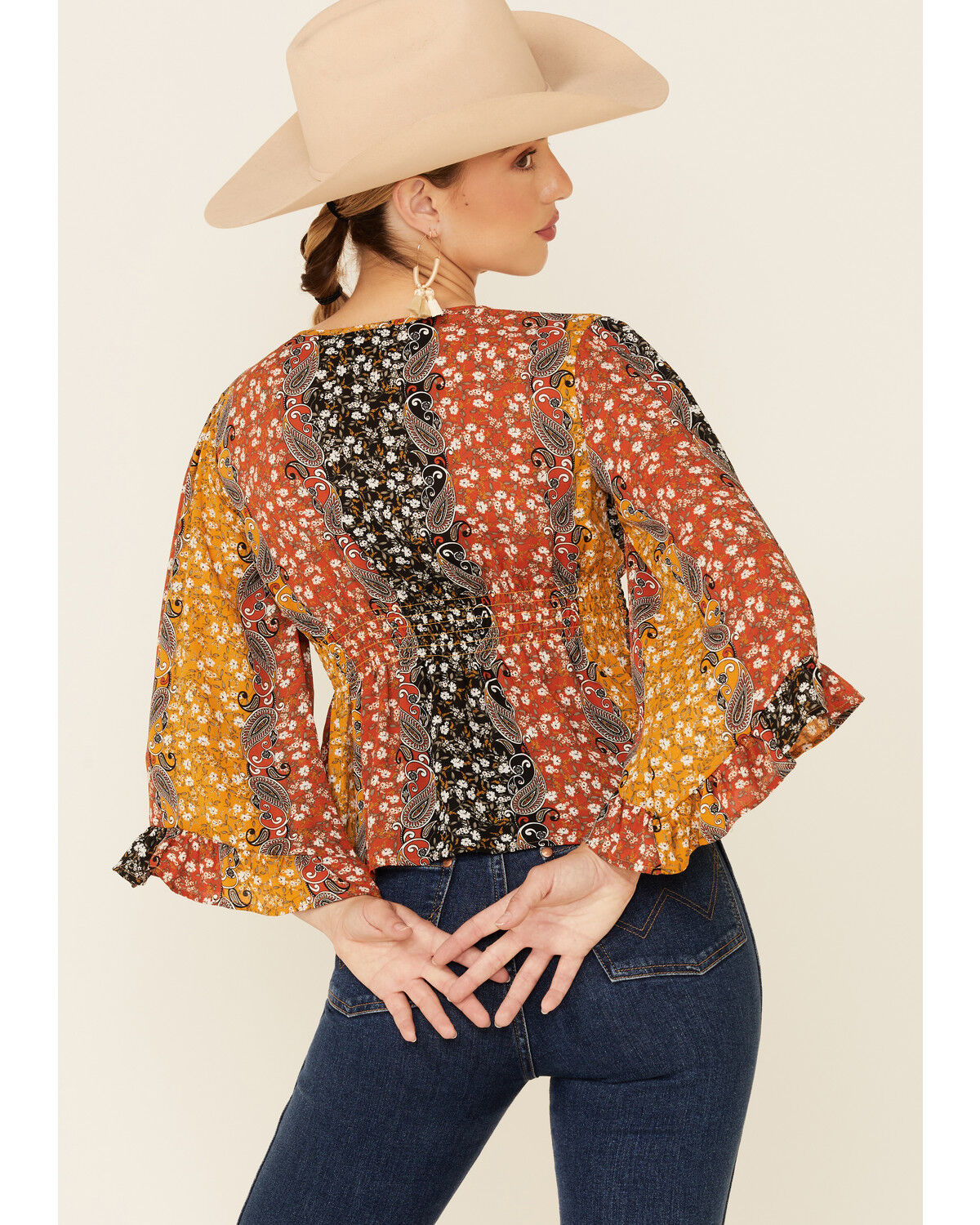 Image #4 - Shyanne Women's Boho Floral Stripe Bell Sleeve Top, Black, hi-res