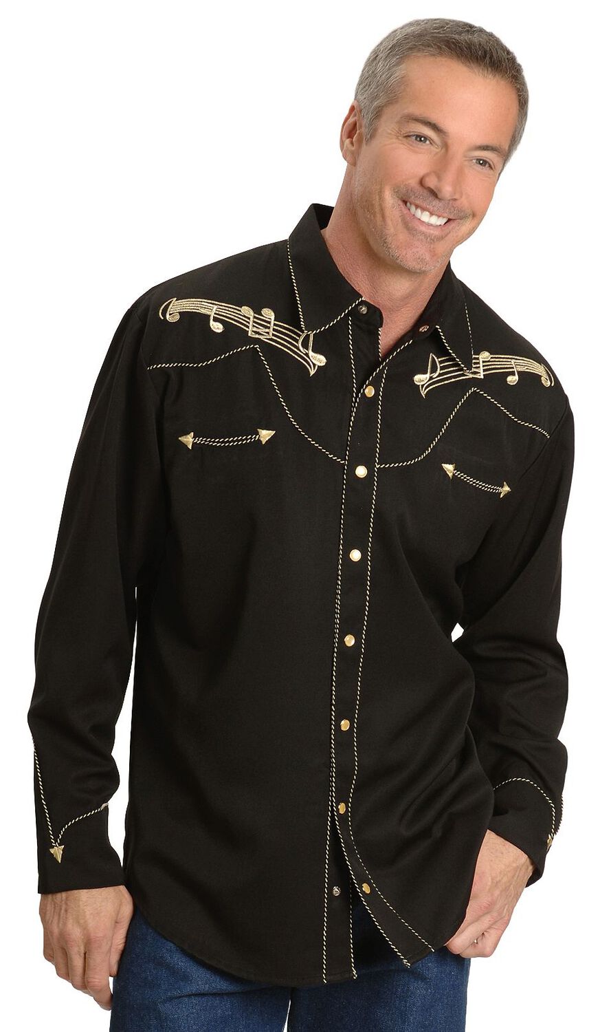 Image #1 - Scully Music Note Embroidered Retro Western Shirt - Big & Tall, Black, hi-res