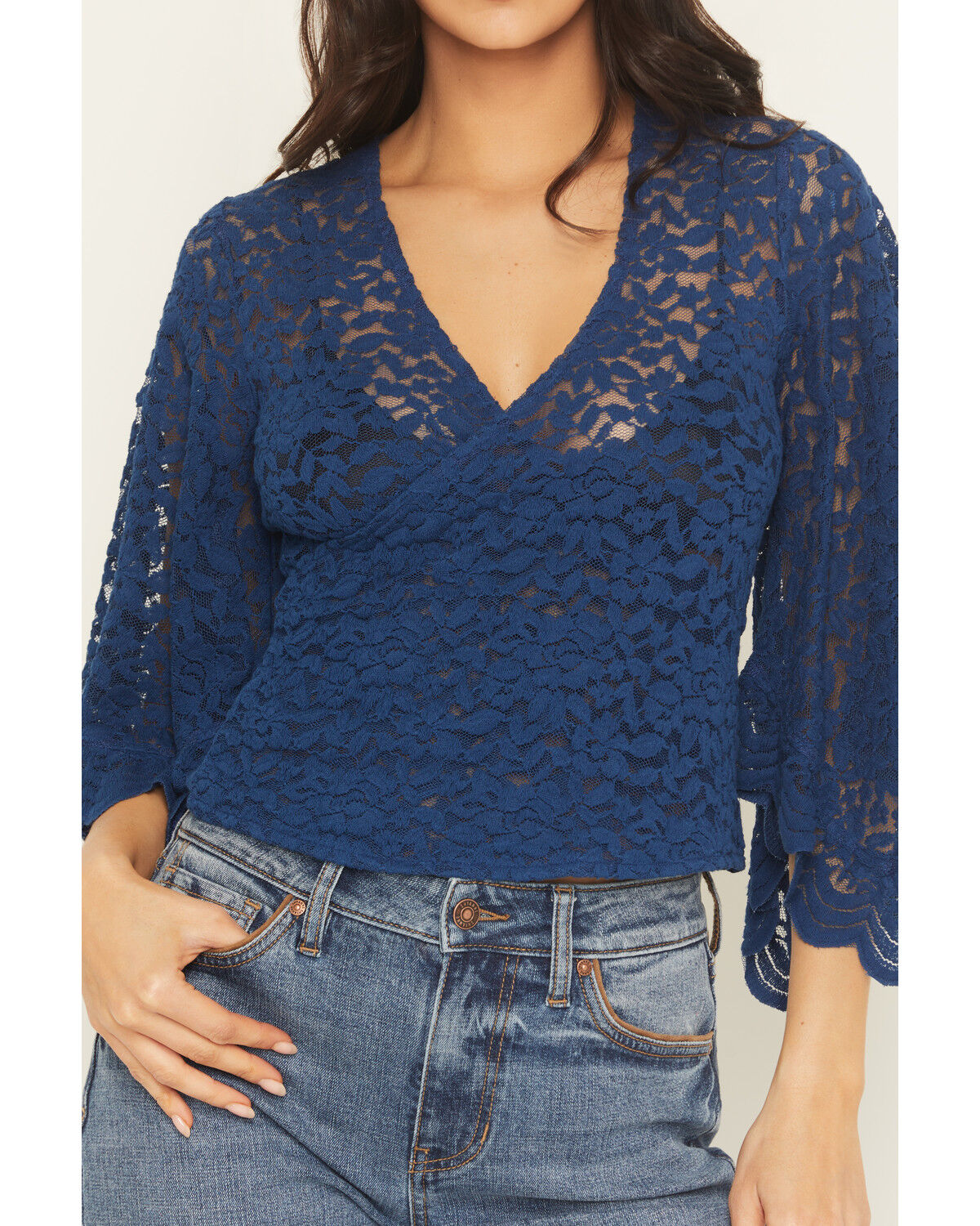 Image #3 - Shyanne Women's Wrap Front Long Sleeve Lace Top, Navy, hi-res