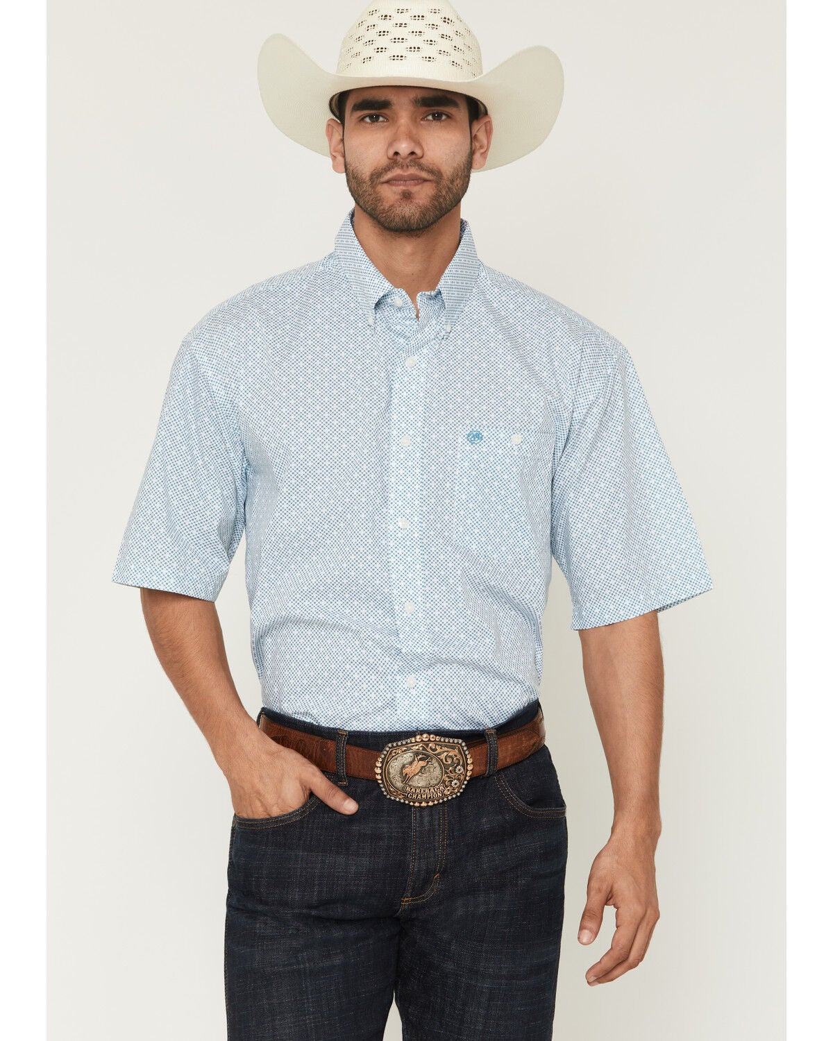 Wrangler Men's Classics Geo Print Short Sleeve Button-Down Western Shirt, Teal, hi-res