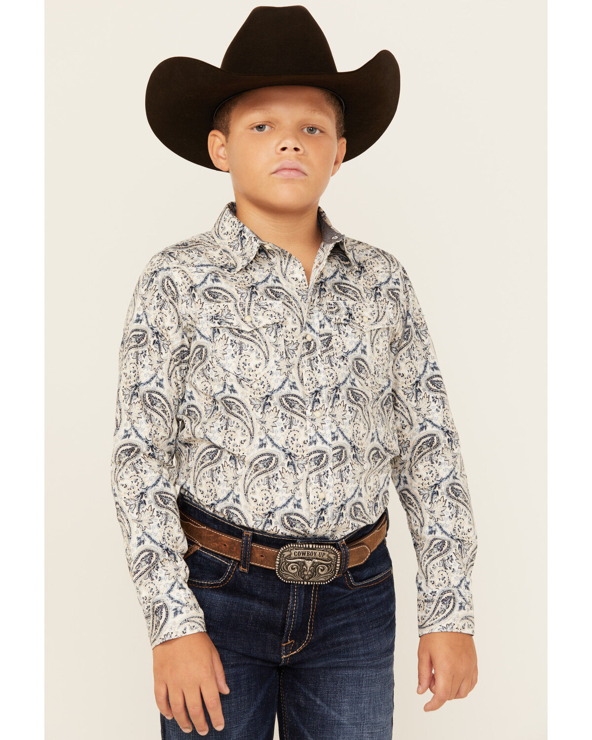 Image #1 - Cody James Boys' Rodeo Runway Paisley Print Long Sleeve Snap Western Shirt, Blue, hi-res