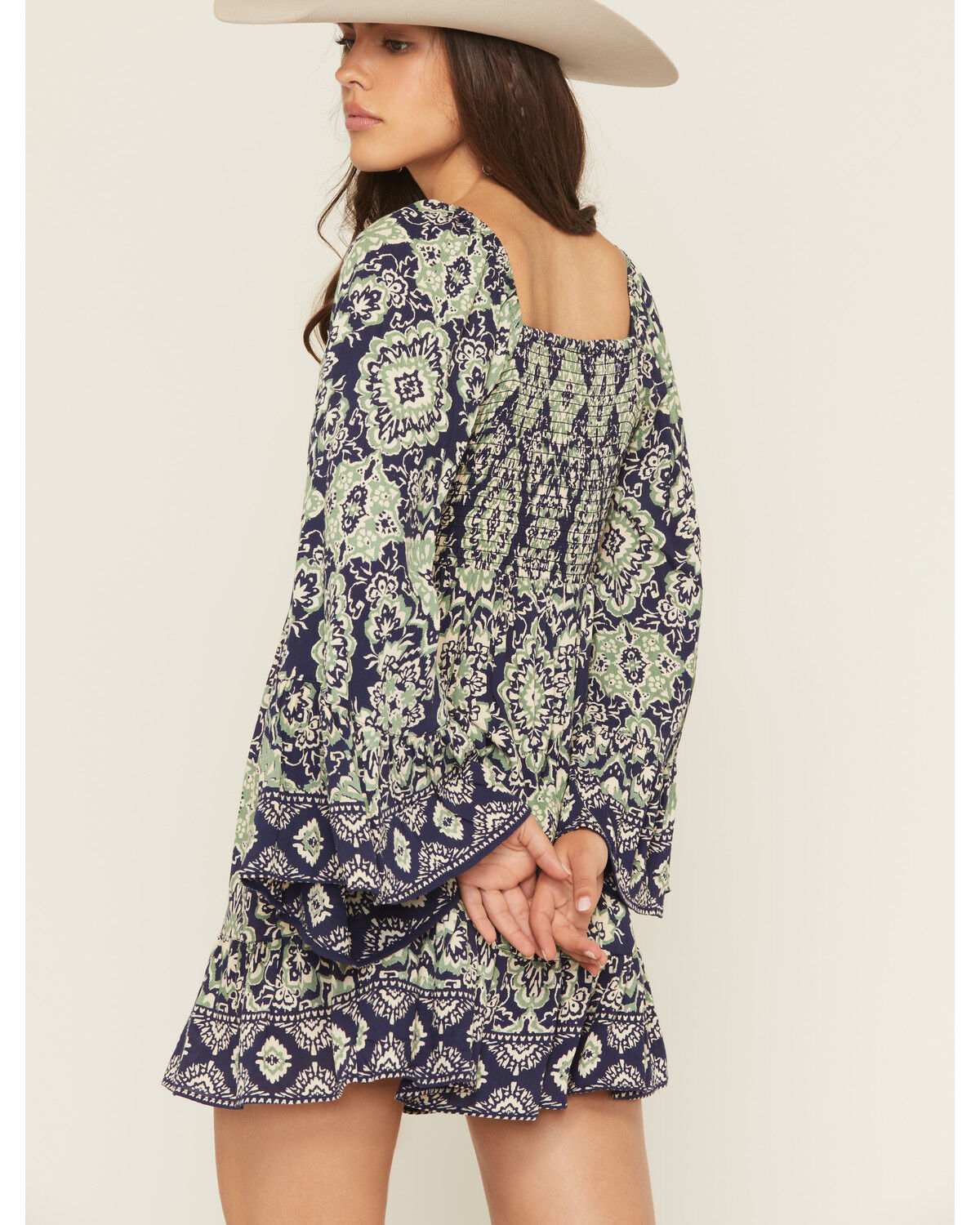 Image #4 - Angie Women's Geo Print Long Sleeve Smocked Front Mini Dress, Blue, hi-res