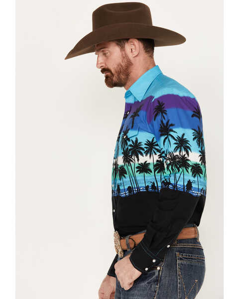 Image #2 - Roper Men's Vintage Palm Tree Beach Print Long Sleeve Pearl Snap Western Shirt, Blue, hi-res