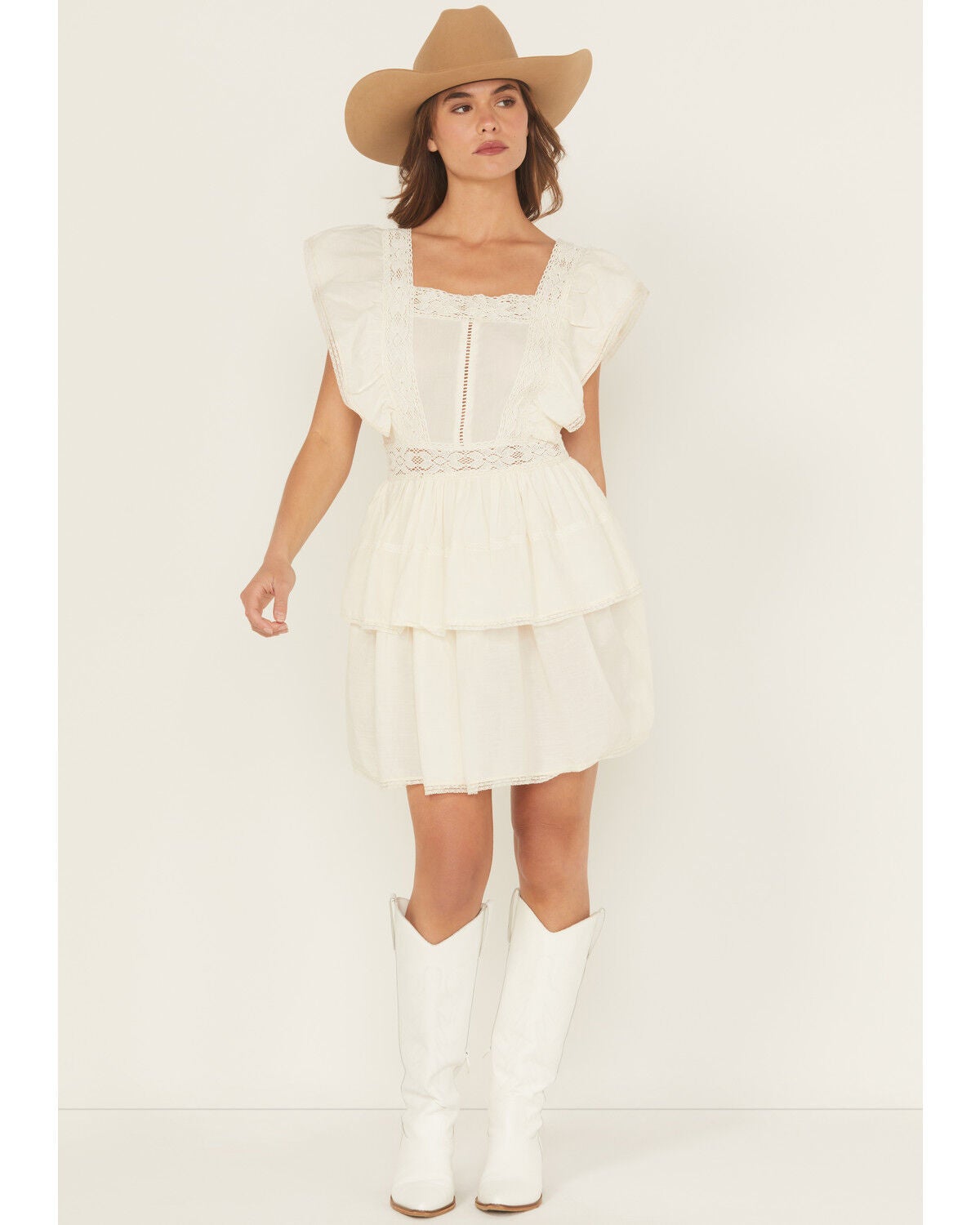 Rock & Roll Denim Women's Solid Flutter Sleeve Mini Dress, Natural, hi-res