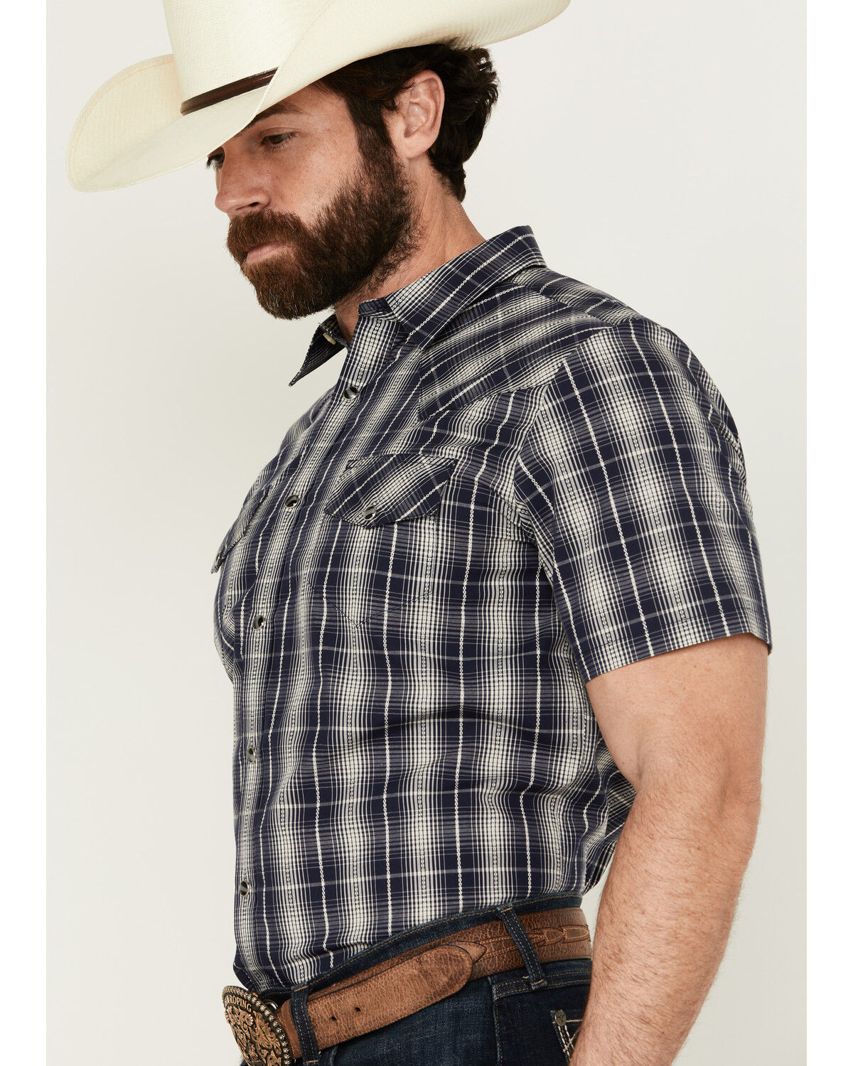 Image #2 - Gibson Men's Chain Link Plaid Print Short Sleeve Snap Western Shirt, Navy, hi-res