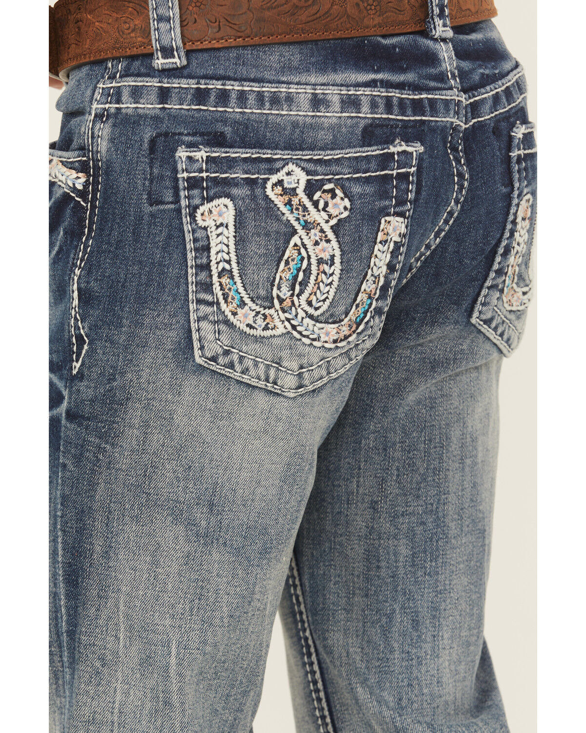 Image #2 - Grace in LA Little Girls' Light Wash Double Horseshoe Pocket Bootcut Stretch Denim Jeans, Blue, hi-res