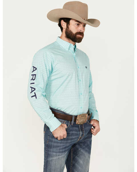Ariat Men's Gian Team Logo Geo Print Long Sleeve Button-Down Western Shirt - Tall , Aqua, hi-res