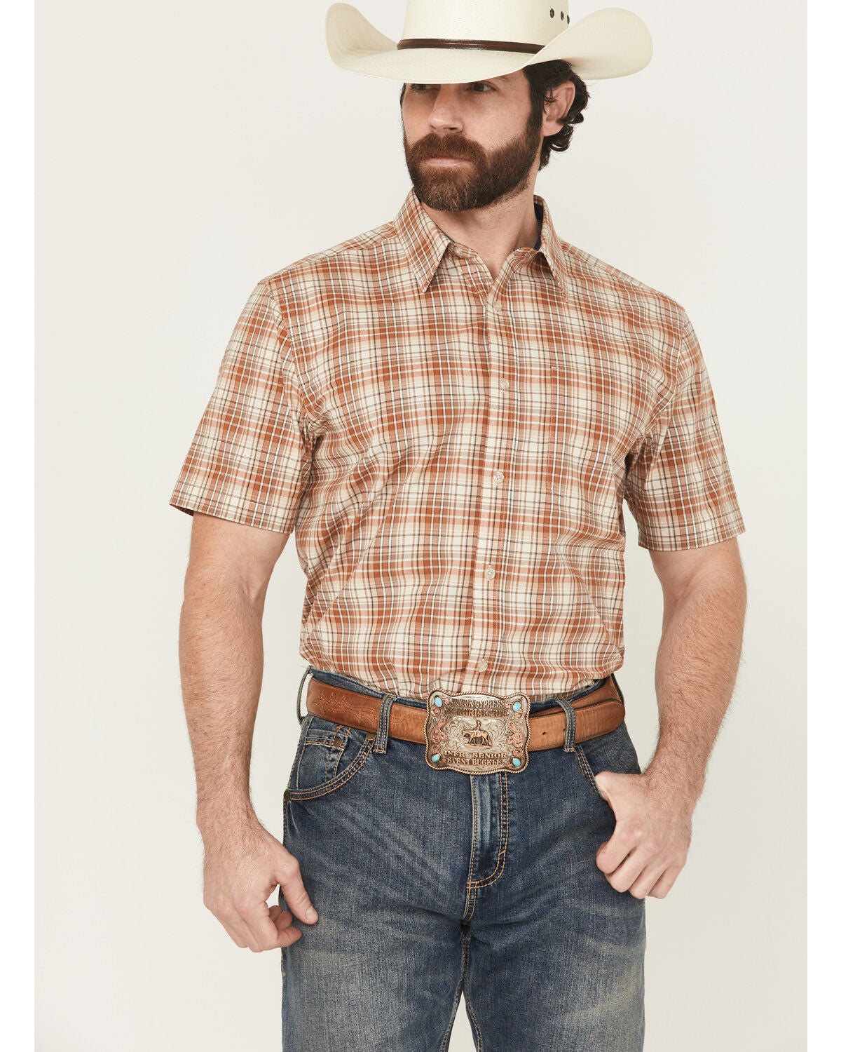 Cody James Men's Cowboy Chic Plaid Print Short Sleeve Button-Down Stretch Western Shirt, Cream, hi-res