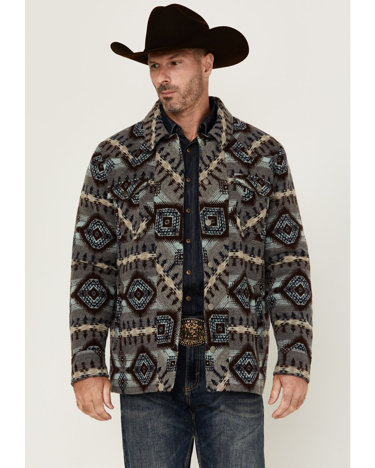 Image #1 - Powder River Outfitters Men's Southwestern Print Snap Jacket, Grey, hi-res