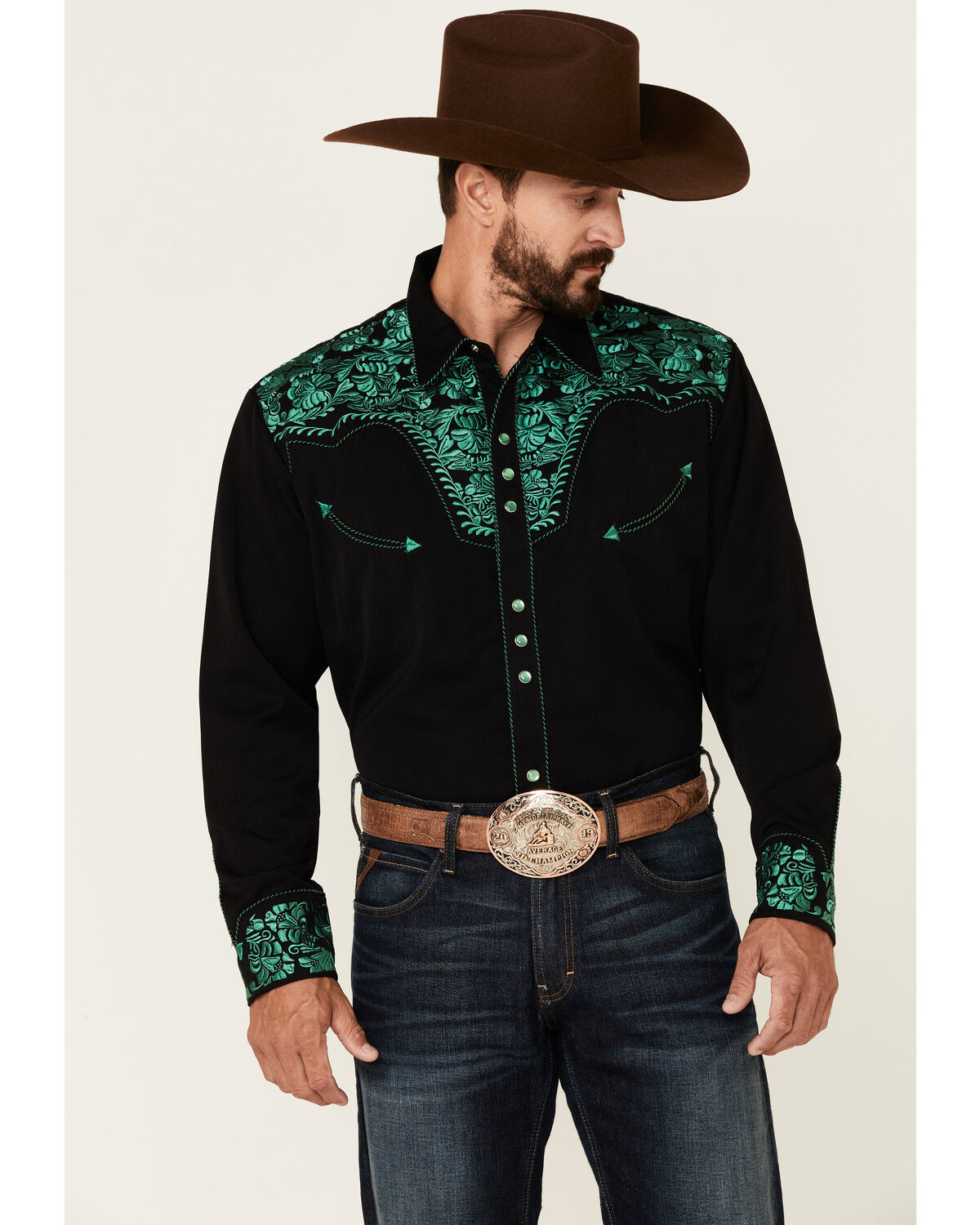Image #1 - Scully Men's Embroidered Gunfighter Long Sleeve Pearl Snap Western Shirt, Black, hi-res