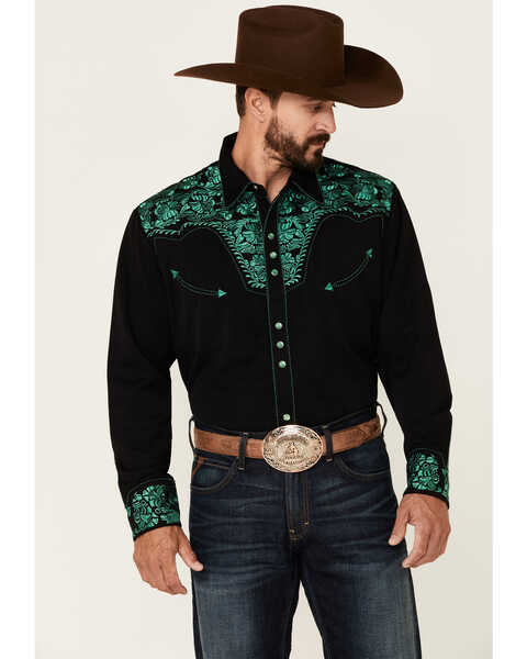 Scully Men's Embroidered Gunfighter Long Sleeve Pearl Snap Western Shirt , Black, hi-res