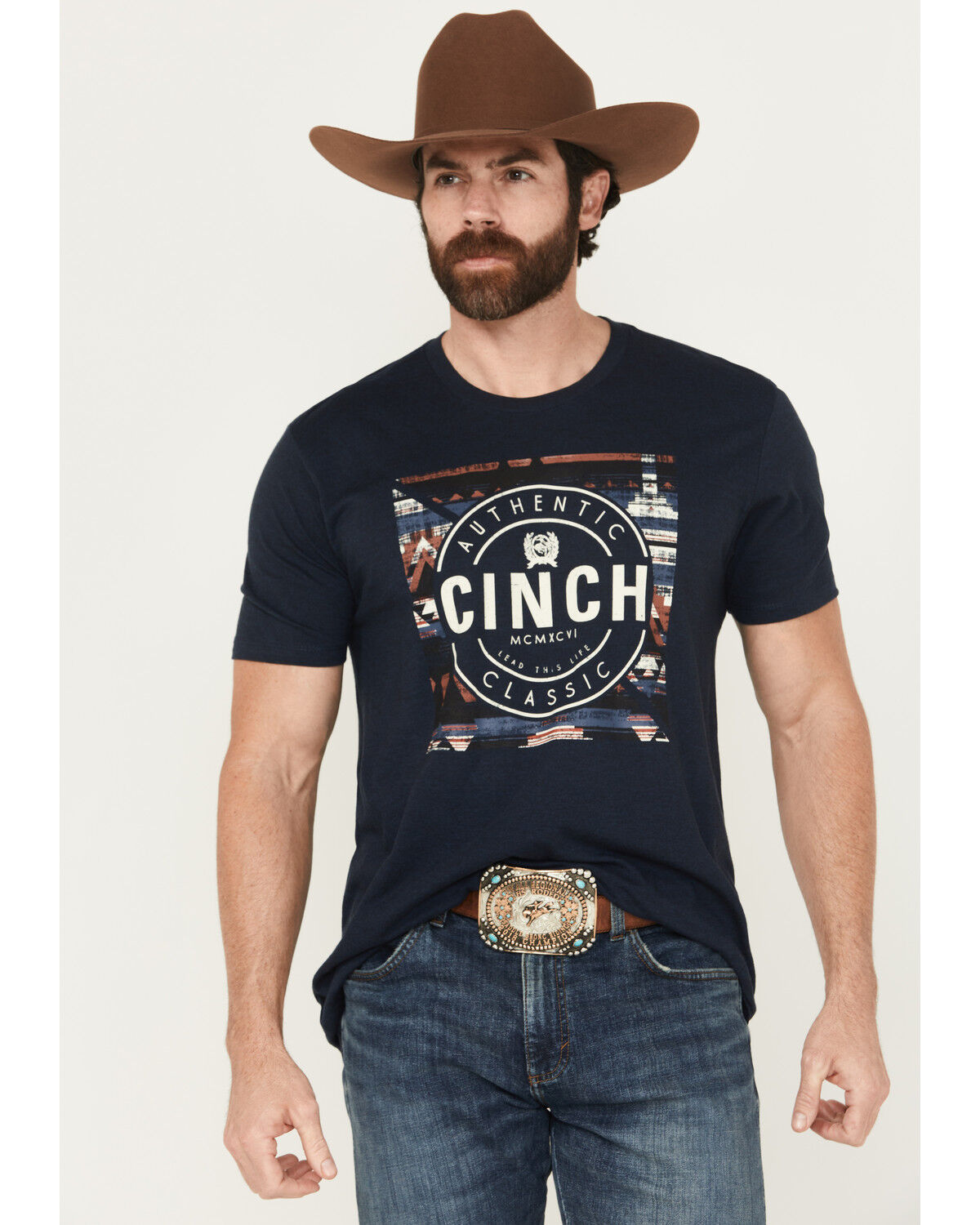 Image #1 - Cinch Men's Southwestern Logo Short Sleeve Graphic T-Shirt, Navy, hi-res