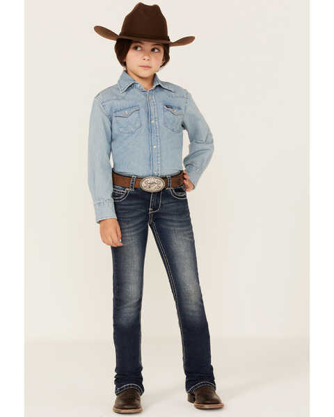 Shyanne Little Girls' Horse & Horseshoe Dark Wash Embroidered Bootcut Jeans, Blue, hi-res