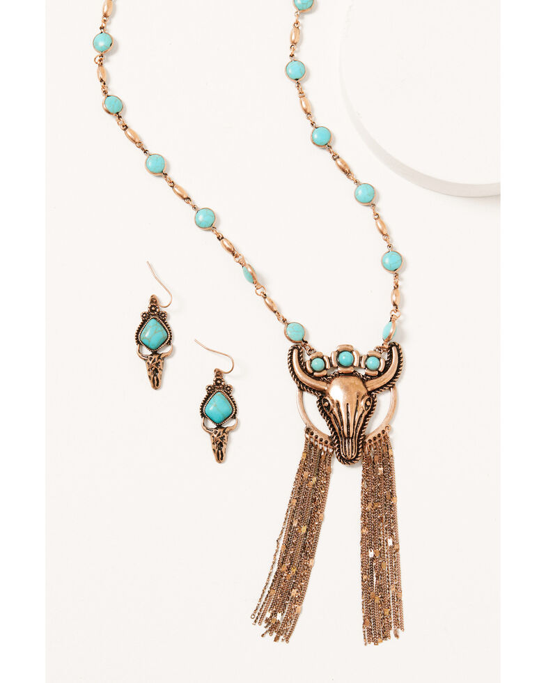 Shyanne Women's Copper & Turquoise Beaded Longhorn Fringe Jewelry Set, Rust Copper, hi-res