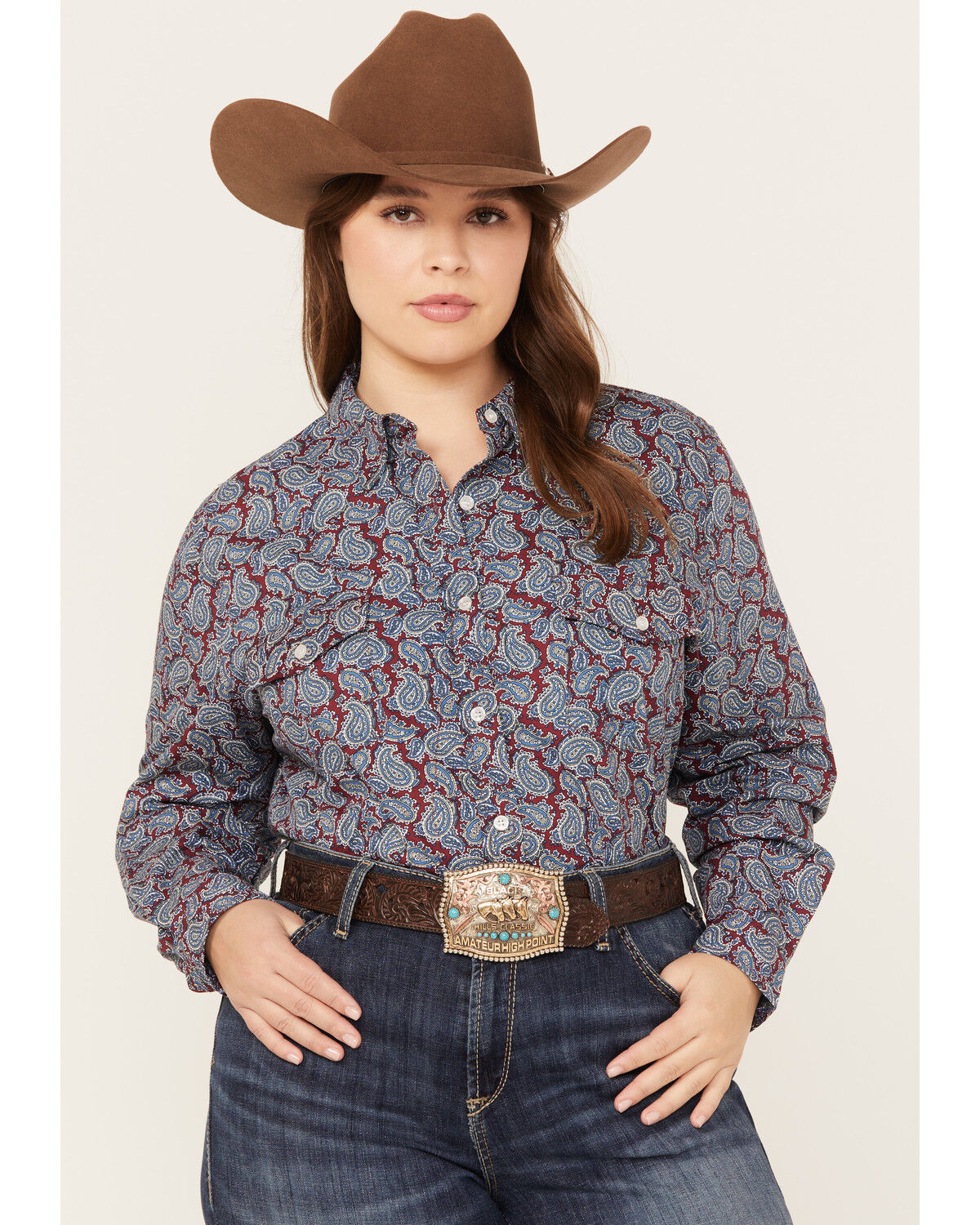Image #1 - Roper Women's Paisley Print Long Sleeve Button Down Western Shirt - Plus, Wine, hi-res