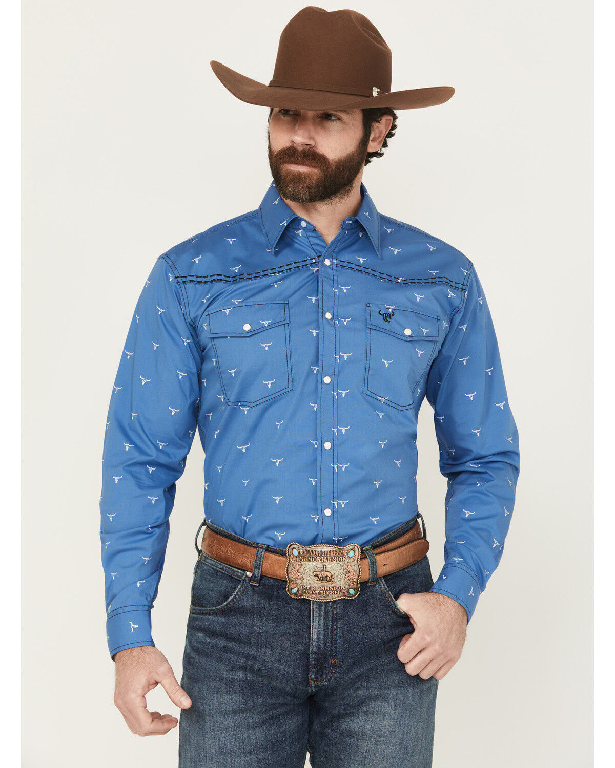 Image #1 - Cowboy Hardware Men's Steerhead Print Long Sleeve Snap Stretch Western Shirt, Royal Blue, hi-res