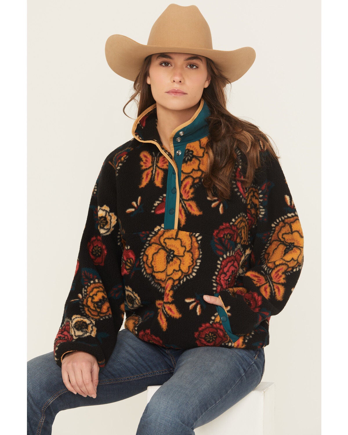 Wrangler Retro Women's Floral Print Sherpa Pullover, Black, hi-res
