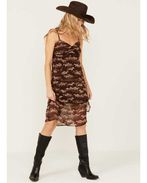 Shyanne Women's Printed Chiffon Sleeveless Slit Dress, Dark Brown, hi-res