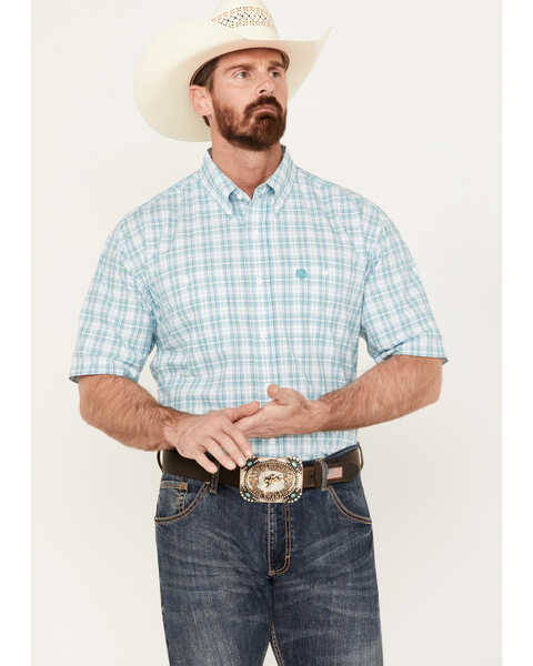 George Strait by Wrangler Men's Plaid Print Short Sleeve Button-Down Western Shirt, Aqua, hi-res