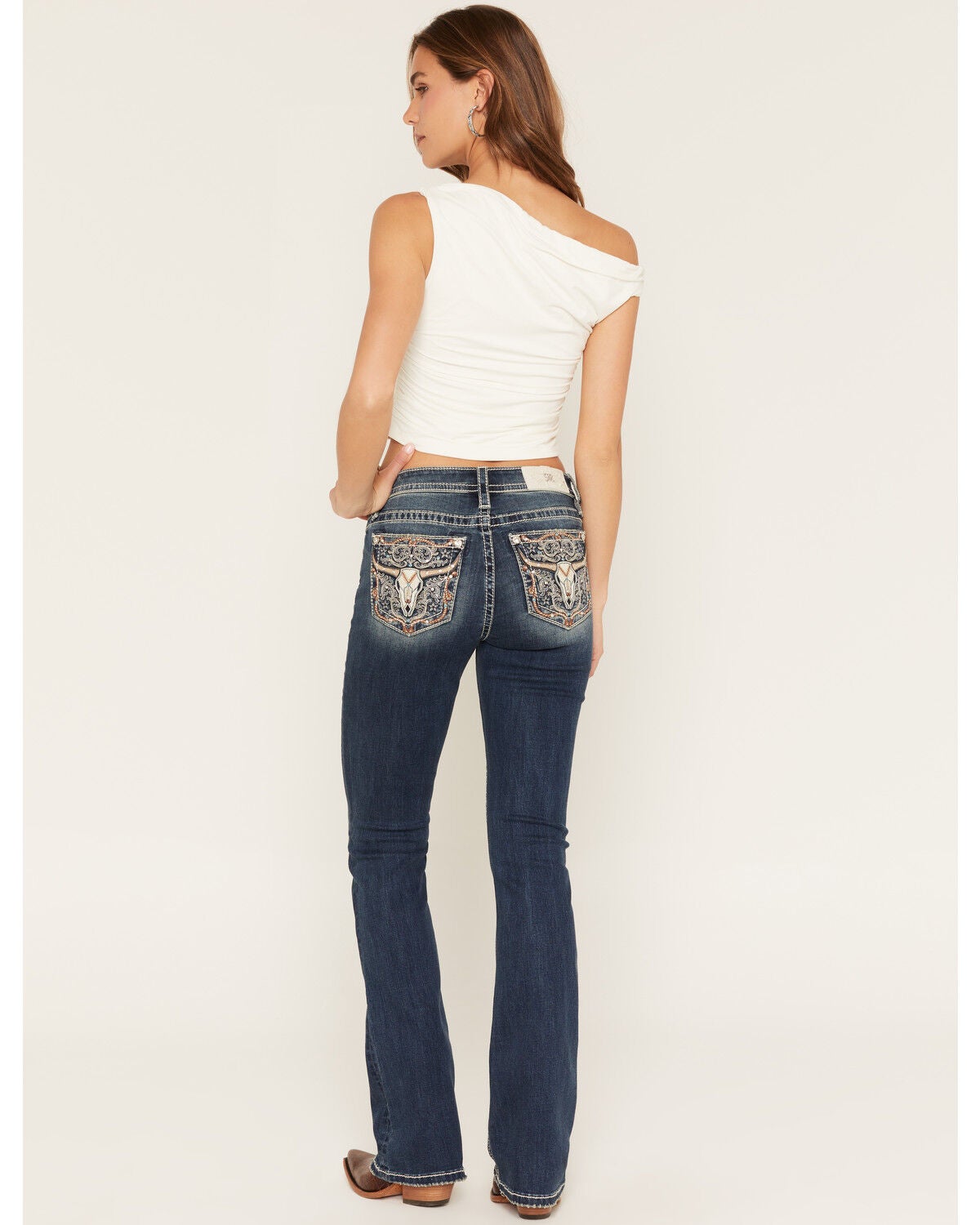 Image #1 - Miss Me Women's Medium Wash Mid Rise Longhorn Pocket Bootcut Stretch Denim Jeans, Medium Wash, hi-res