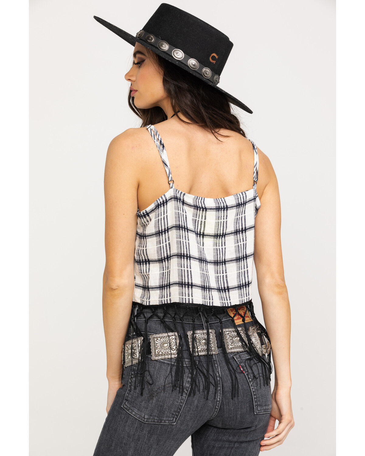 Image #2 - Shyanne Women's Plaid Embroidered Floral Fringe Crop Top, , hi-res