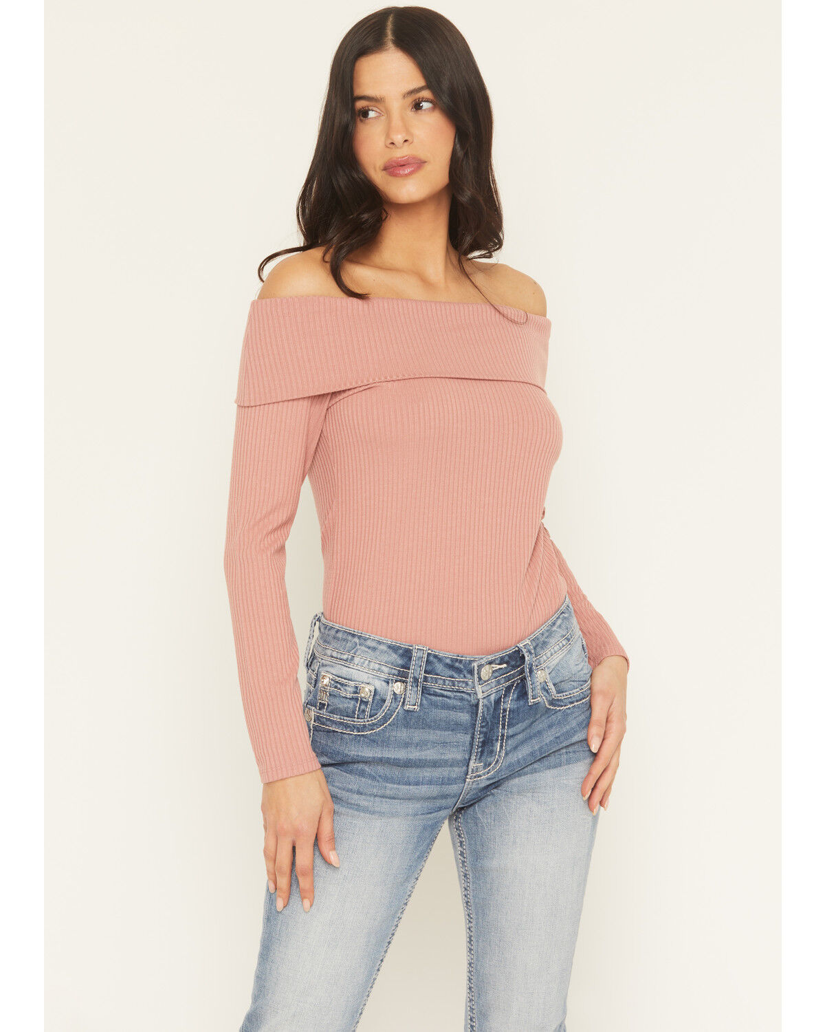 Image #1 - Shyanne Women's Rib Knit Off The Shoulder Long Sleeve Shirt, Mauve, hi-res