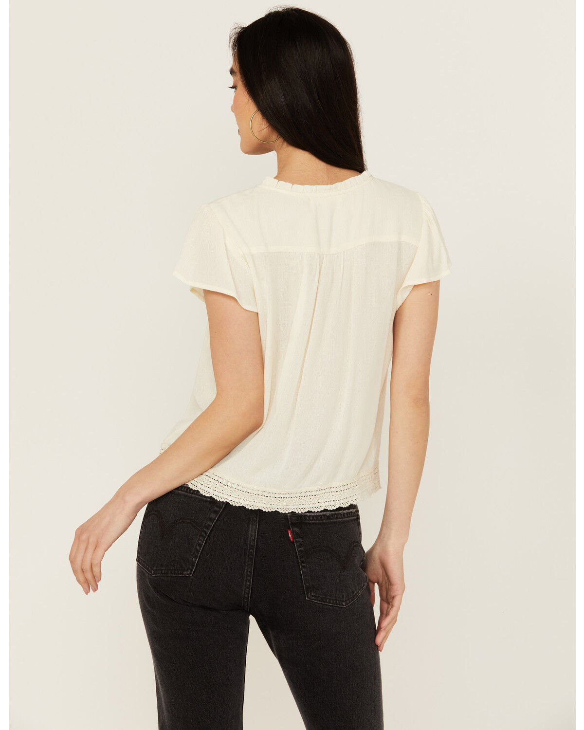 Image #4 - Jolt Women's Lace Trim Flutter Short Sleeve Top, White, hi-res