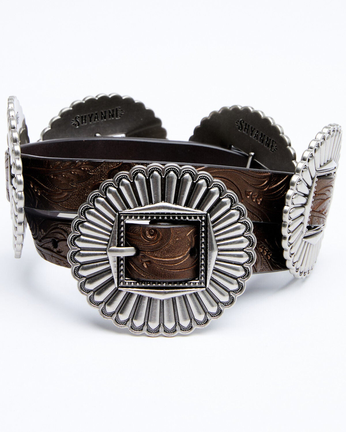Image #2 - Shyanne Women's Tooled Metallic Concho Belt, Dark Brown, hi-res