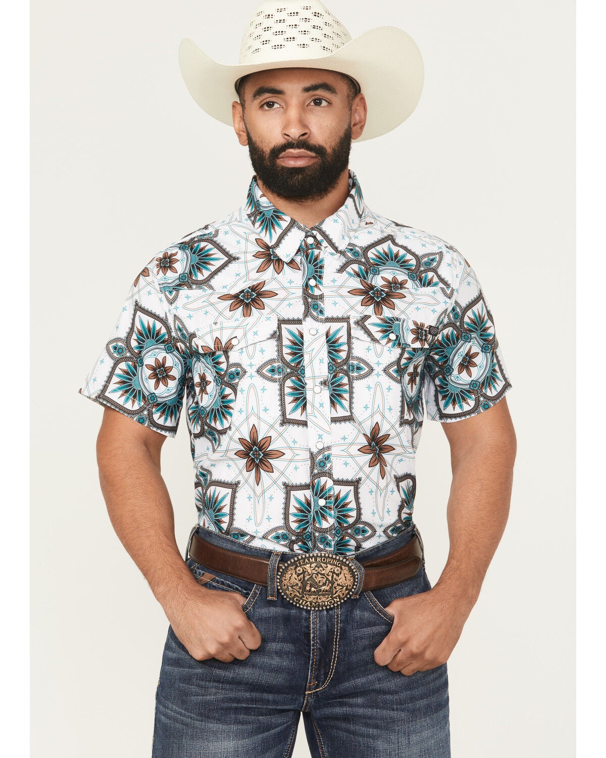 Rock & Roll Denim Men's Medallion Print Short Sleeve Snap Stretch Western Shirt, White, hi-res