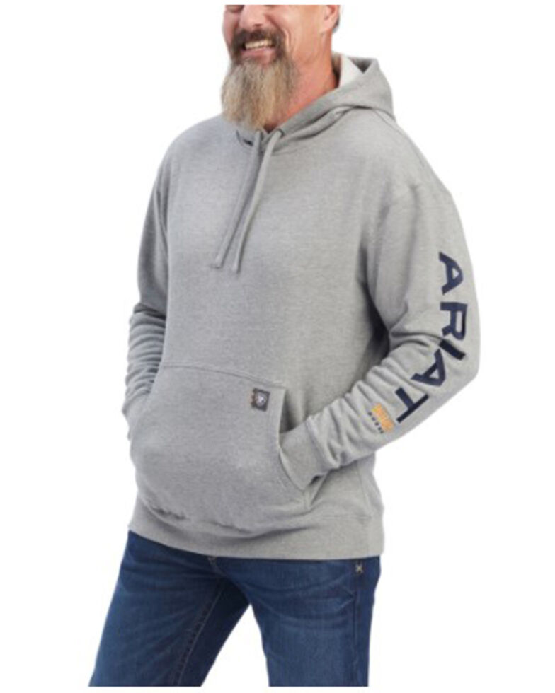 Ariat Men's Rebar Logo Sleeve Graphic Hooded Work Sweatshirt - Big & Tall , Grey, hi-res