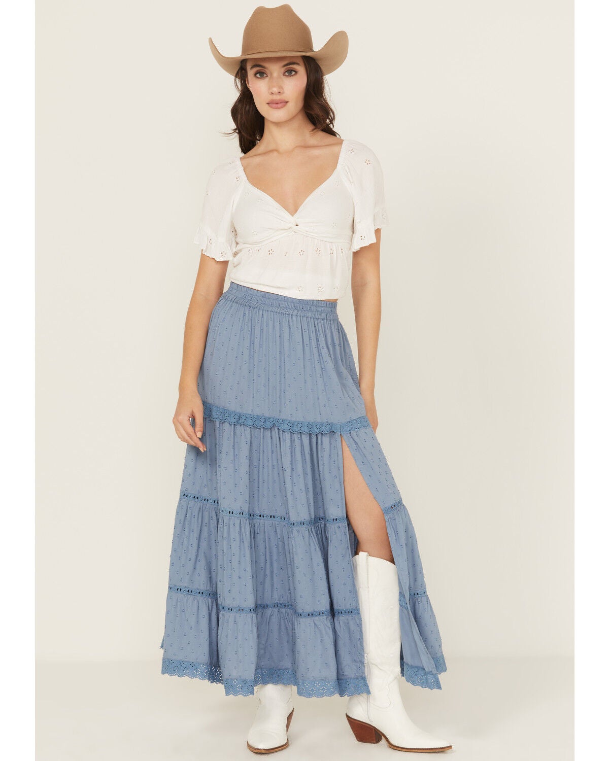 Angie Women's Crochet Trim Tiered Skirt, Blue, hi-res