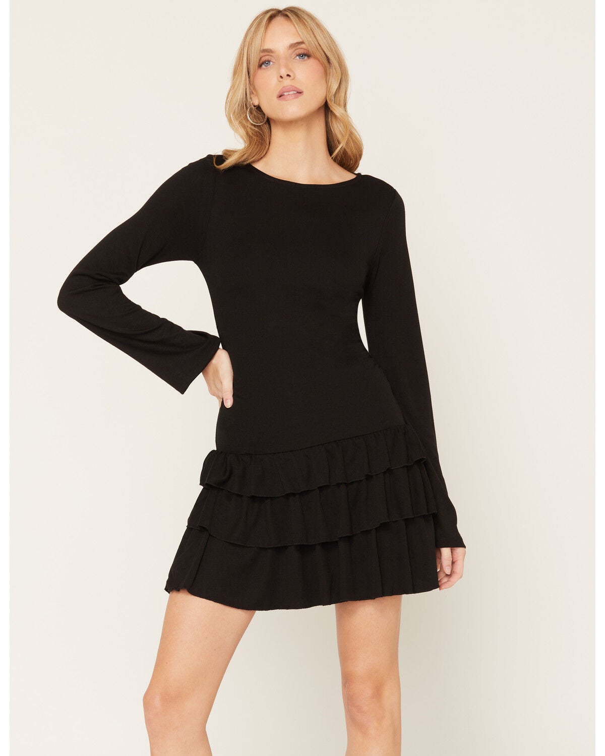 Cleo + Wolf Women's Drop Waist Tiered Knit Mini Dress, Black, hi-res