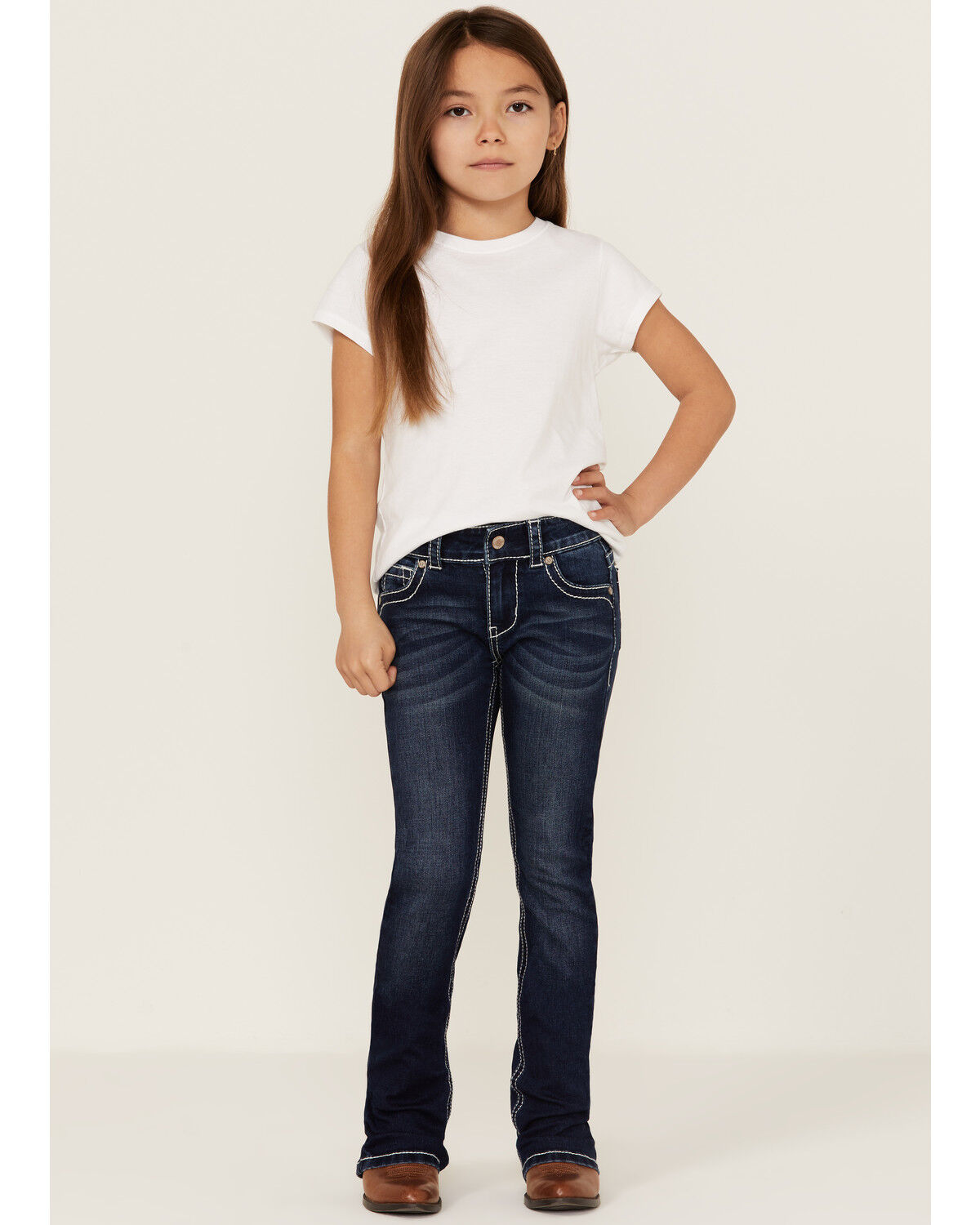 Image #1 - Shyanne Little Girls' Feather Dreamcatcher Embroidered Pocket Bootcut Jeans, Blue, hi-res