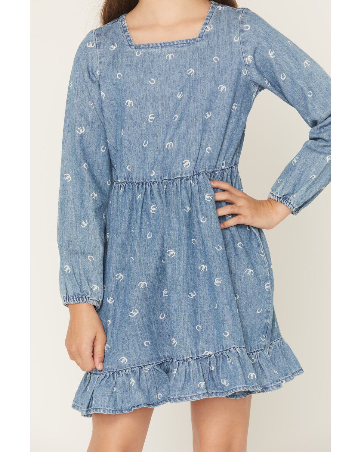 Image #3 - Wrangler Girls' Horseshoe Print Denim Dress, Blue, hi-res