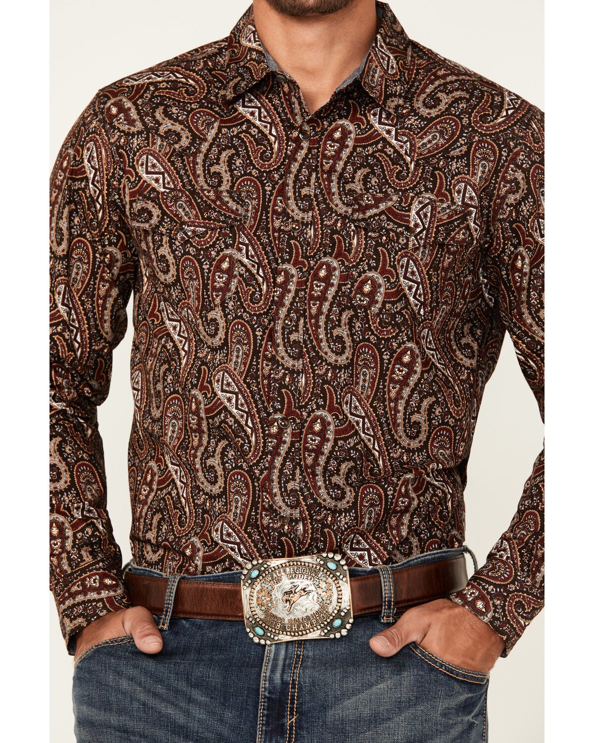 Image #3 - Cody James Men's Leo Paisley Print Long Sleeve Snap Western Shirt, Brown, hi-res