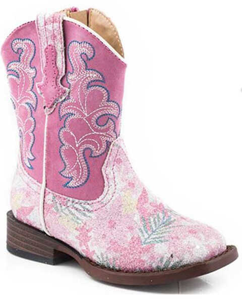 Image #1 - Roper Toddler Girls' Glitter Floral Western Boots - Broad Square Toe, Pink, hi-res