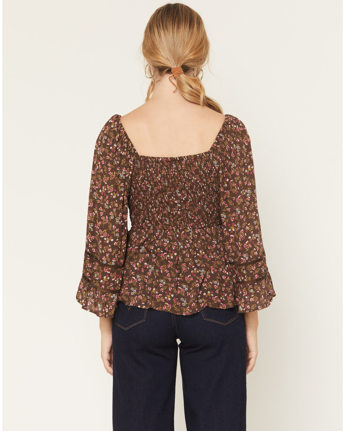 Image #4 - Angie Women's Floral Print Long Sleeve Shirt, Dark Brown, hi-res