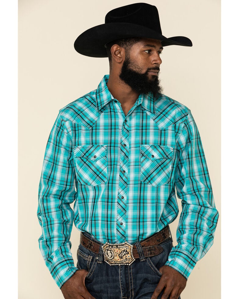 Wrangler Men's Fashion Snap Med Turquoise Plaid Long Sleeve Western